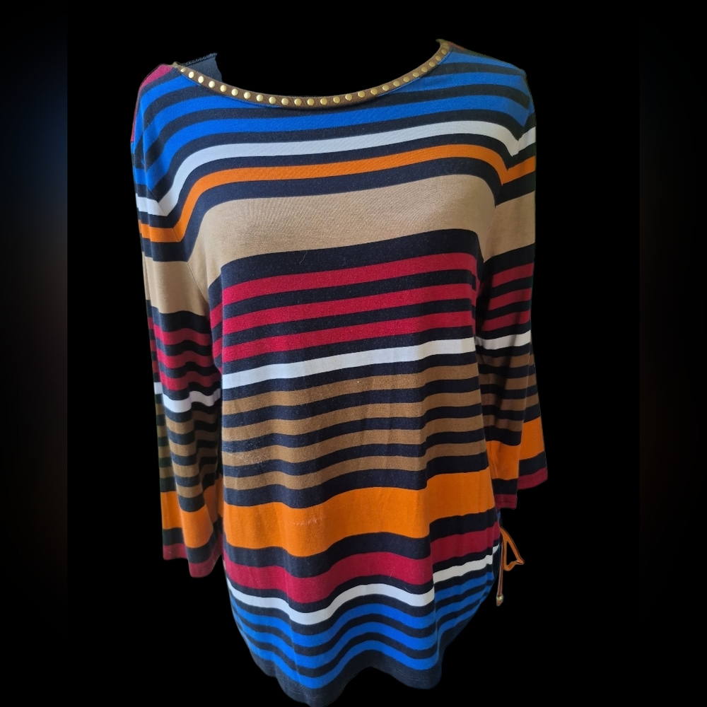 Vibrant & Versatile XL Ruby Rd. Striped Top with Elegant Gold Studs